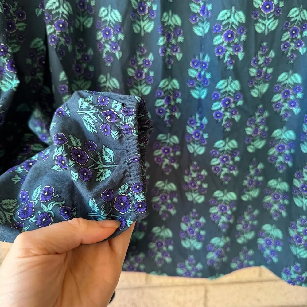 J. Crew Ruffleneck Teal Purple Floral Long Sleeve Poplin Blouse Large - Picture 4 of 9